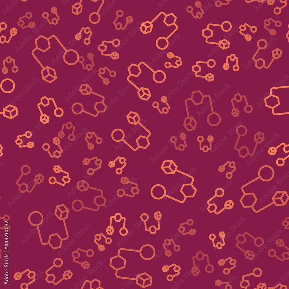 Poster brown line isometric cube icon isolated seamless pattern on red background. geometric cubes solid ic