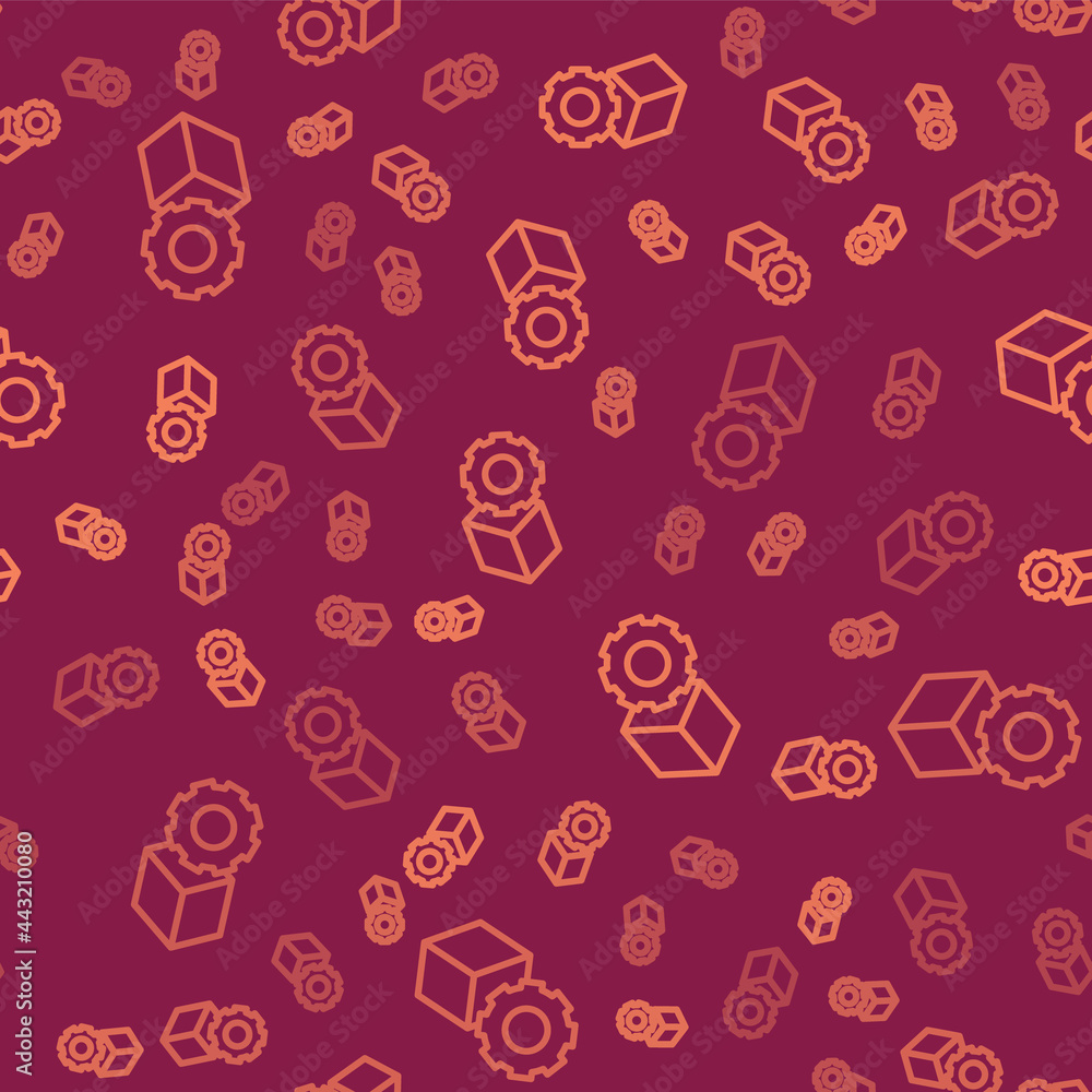 Poster brown line isometric cube icon isolated seamless pattern on red background. geometric cubes solid ic