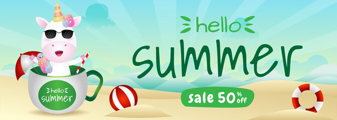 summer sale banner with a cute unicorn in the cup