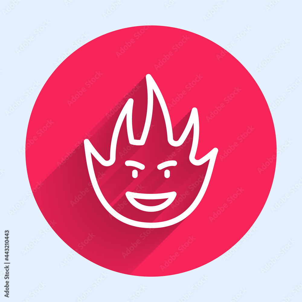 Poster white line fire flame icon isolated with long shadow. red circle button. vector
