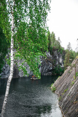 Ruskeala marble quarry, Karelia, Russia. Natural canyon and river in Karelia at summer