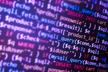 PHP development, software site code. Data encryption security code on a computer display....