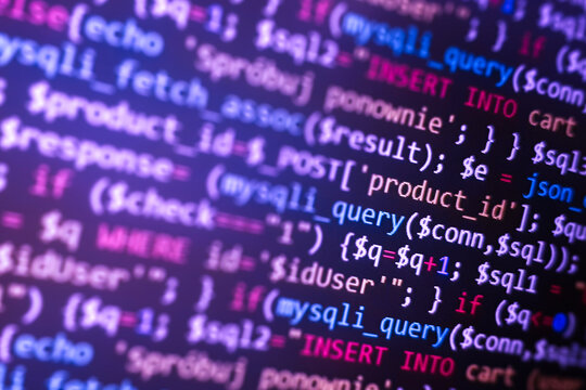 PHP development, software site code. Data encryption security code on a computer display. Programmer developer screen concept