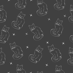 Seamless pattern of silhouettes of black cats with white stars on a dark background