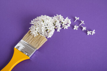 wooden yellow paint brushes and white flowers of lilac on a dark purple background