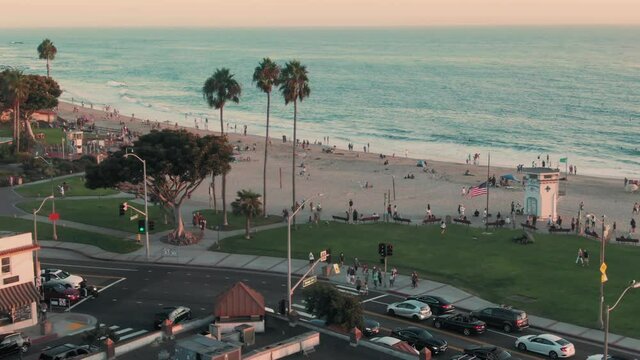 Aerial over Laguna Beach at sunset, Orange County, USA