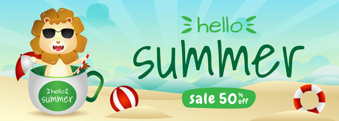 Fototapeta premium summer sale banner with a cute lion in the cup