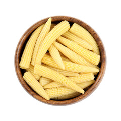 Fresh baby corn cobs on white background, top view