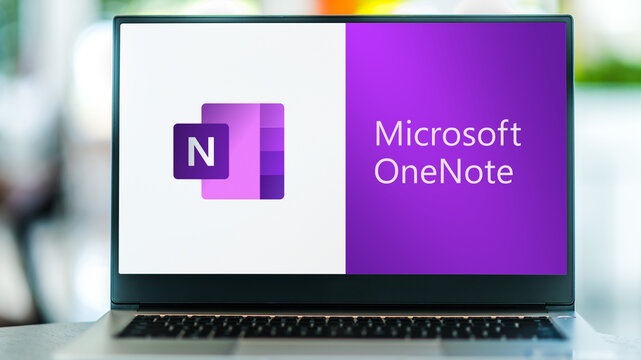 Laptop computer displaying logo of Microsoft OneNote