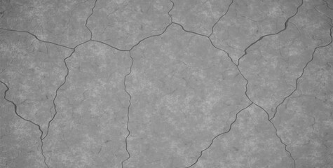 Crack dark gray concrete texture. Broken cement wall or floor background with cracks, scratches and chips. Horizontal stone grunge texture. 3d realistic vector illustration