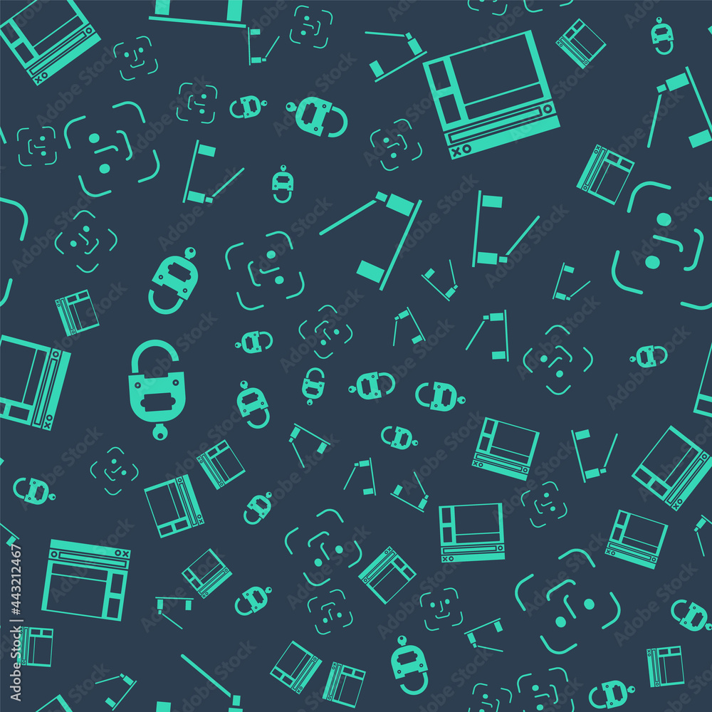 Poster set parking car barrier, website template, lock and key and face recognition on seamless pattern. ve