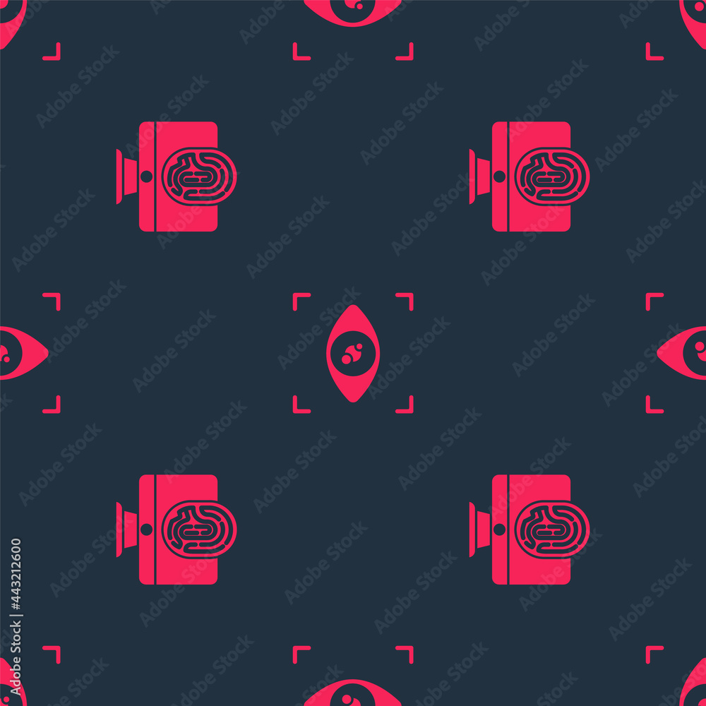 Poster set monitor with fingerprint and eye scan on seamless pattern. vector