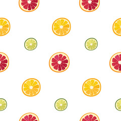 Seamless citrus pattern of lime, grapefruit and orange slices in a flat style on a white background. Useful and vitamin fruits for backgrounds