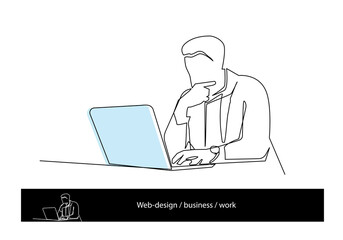 One line art of man sitting by laptop. Working at the computer