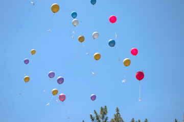 Many colorful balloons are flying in the sky with tied pigeons made of paper