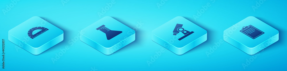 Poster set isometric protractor, test tube and flask, clipboard with checklist and microscope icon. vector