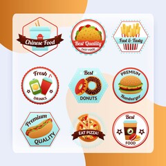 Fast food emblems set with donut soda potato chips isolated vector illustration