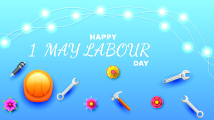 1 May Happy Labour Day Hard Hat 
 Wrench Flower Tools Instrument Garland Greeting Background. Vector Design Banner Party Invitation Web Poster Flyer Stylish Brochure, Greeting Card Template