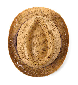 Stylish straw hat isolated on white, top view