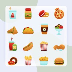 Fast food icon set with donut soda potato chips pizza isolated vector illustration