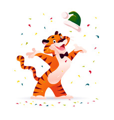 Vector flat cartoon illustration of new year and merry Christmas mascot tiger funny character and green Santa hat isolated. For banners, web, packaging, ads, cards etc.