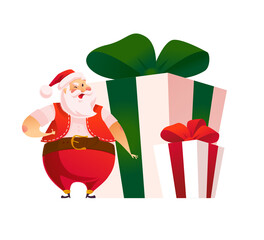 Funny Santa Claus character at big gift boxes isolated. Vector flat cartoon illustration. Front view. For tags, banners, cards, sale posters, advertise, web.