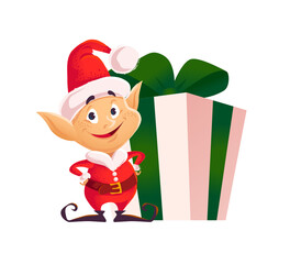Vector cartoon illustration with funny santa elf character and gift box isolated. Flat Christmas illustration. For banners, sales, party decor, cards, packaging etc.