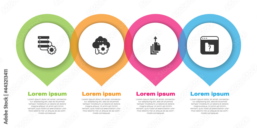 Poster set server and gear, cloud technology data transfer, data export and file missing. business infograp