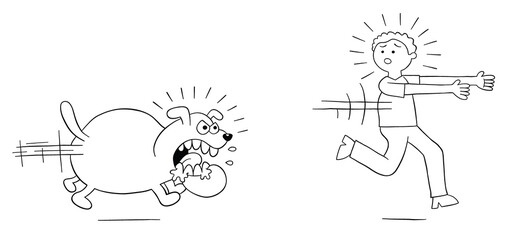 Cartoon angry dog chases man and man runs away, vector illustration