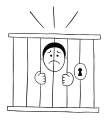Cartoon man is in jail and very sad, vector illustration