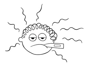 Cartoon man is sick and has a fever, vector illustration