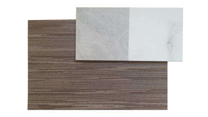 interior material samples board including white and grey artificial marble stone ,italian walnut wooden veneer samples isolated on white background with clipping path.