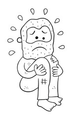 Cartoon homeless man crouching and very sad, vector illustration