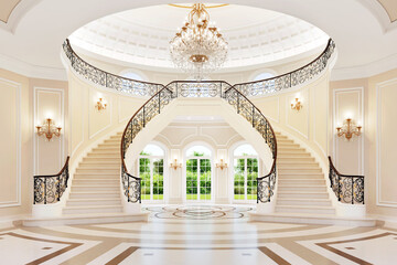 Luxurious royal interior with a beautiful staircase and chandelier. Bright large hall with large windows - obrazy, fototapety, plakaty
