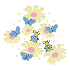 Colorfull vector composition with chamomile
 and bees. All elements isolated. Summer mood design 