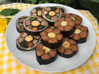 Mixed food ingredients rice Kimbap and Spicy cheese Kimbap
