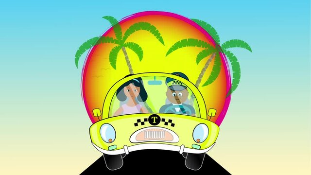 A man and a woman are traveling in a car. Animation on a tropical background.