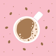 Coffee top view. Hand drawn traditional morning breakfast drink, cup with latte or cappuccino top view, beans around, pink background, trendy delicious beverage vector cartoon isolated illustration