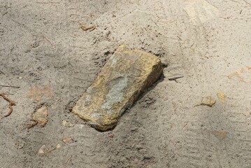 one old brown brick lies on gray sand in the street