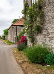Fototapeta na wymiar Exterior of traditional stone buildings and their flower gardens in the countryside
