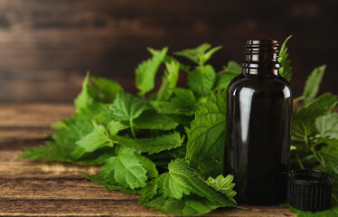 Glass bottle of nettle oil with leaves on wooden table, closeup. Space for text