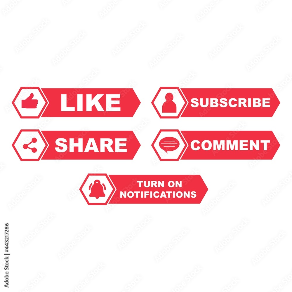 Poster metallic subscribe button collection with the like, share, and comment section. red color button col