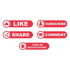 Subscribe button collection with the like, share, and comment section. Stylish metallic color button collection for social media posts. Metallic red color design for social media.
