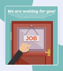 Job search concept with businessman hand knocking on office door vector illustration