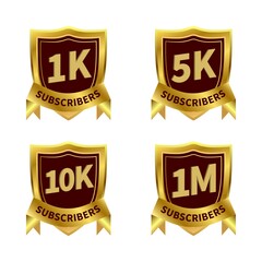 Luxurious subscriber badge collection with golden ribbon. Badges for social media subscribers celebration. A golden color luxurious badge collection for subscriber celebration.