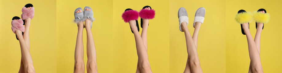 Collage with photos of women wearing stylish slippers on yellow background, closeup. Banner design