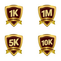 Naklejka premium Subscriber badge collection with golden ribbon. Badges for social media subscribers celebration. A golden color luxurious badge collection for subscriber celebration.
