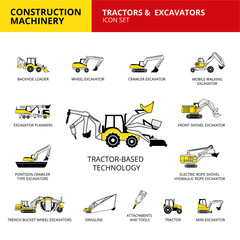 Tractor-based vehicle construction machinery transport icons set