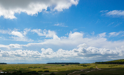 Fototapeta premium gorgeous blue summer sky and a scattering of fluffy white clouds over Salisbury Plain, Wiltshire UK