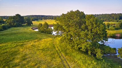 Aerial view of river in green meadows, beautiful sunset light.